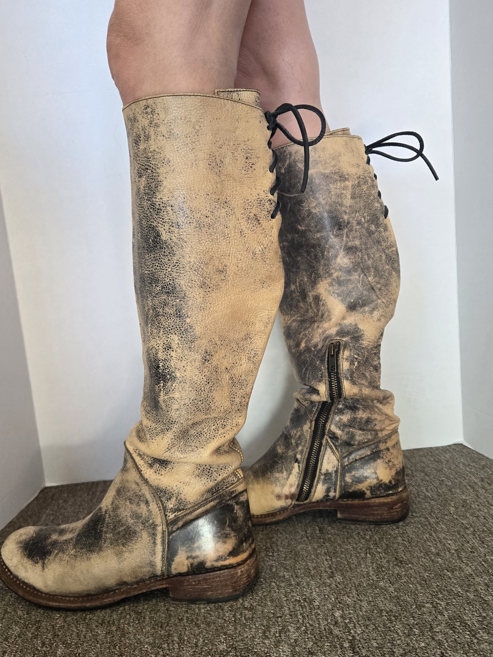 BED|STU Distressed Tan and Black-Wash Over-the-Knee Leather Boots - Picture 5 of 10